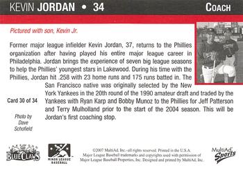 2007 MultiAd Lakewood BlueClaws #30 Kevin Jordan Back