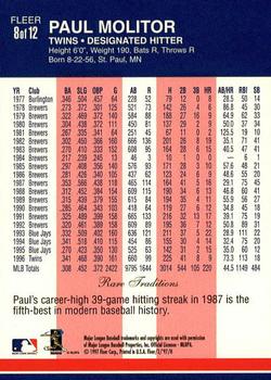 1997 Fleer - Decade of Excellence Rare Traditions #8 Paul Molitor Back