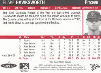 2007 MultiAd Memphis Redbirds #23 Blake Hawksworth Back