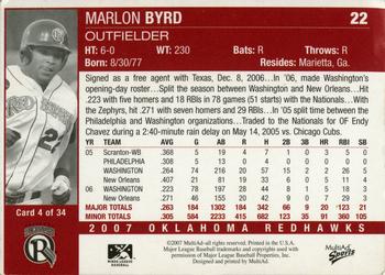 2007 MultiAd Oklahoma RedHawks #4 Marlon Byrd Back