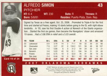 2007 MultiAd Oklahoma RedHawks #19 Alfredo Simon Back