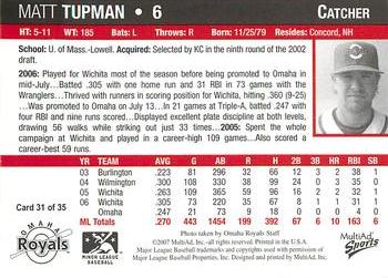 2007 MultiAd Omaha Royals #31 Matt Tupman Back