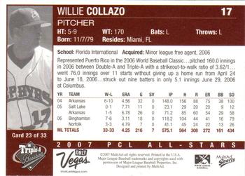 2007 MultiAd Pacific Coast League All-Stars #23 Willie Collazo Back