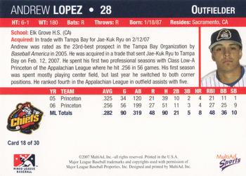 2007 MultiAd Peoria Chiefs #18 Andrew Lopez Back
