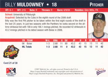 2007 MultiAd Peoria Chiefs #21 Billy Muldowney Back