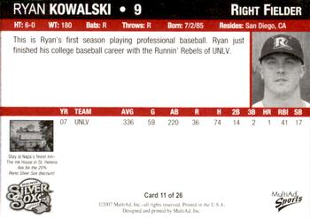 2007 MultiAd Reno Silver Sox #11 Ryan Kowalski Back