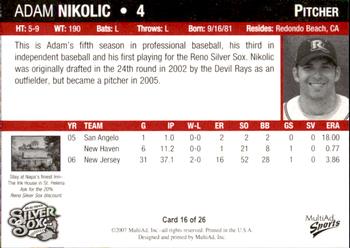 2007 MultiAd Reno Silver Sox #18 Adam Nikolic Back
