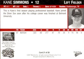 2007 MultiAd Reno Silver Sox #22 Kane Simmons Back
