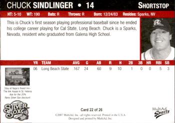 2007 MultiAd Reno Silver Sox #23 Chuck Sindlinger Back