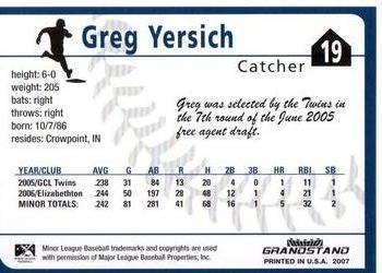 2007 Grandstand Beloit Snappers #NNO Greg Yersich Back