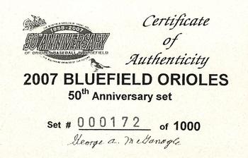 2007 Grandstand Bluefield Orioles 50th Anniversary #NNO Certificate Front