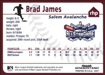2007 Grandstand Carolina League All-Stars #NNO Brad James Back