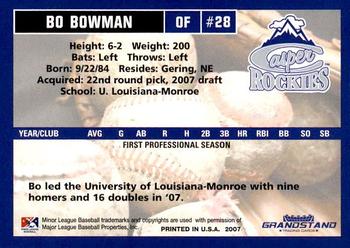 2007 Grandstand Casper Rockies #NNO Bo Bowman Back