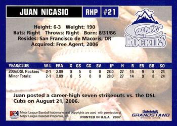 2007 Grandstand Casper Rockies #NNO Juan Nicasio Back