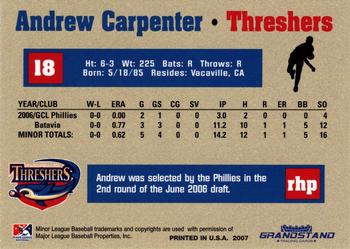 2007 Grandstand Clearwater Threshers #NNO Andrew Carpenter Back