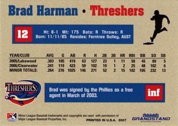 2007 Grandstand Clearwater Threshers #NNO Brad Harman Back