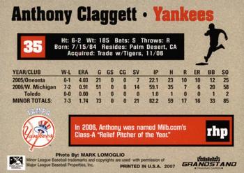 2007 Grandstand Tampa Yankees #NNO Anthony Claggett Back