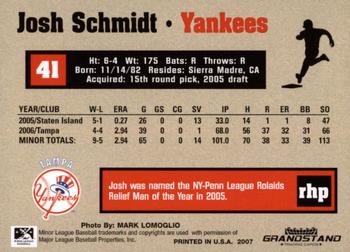 2007 Grandstand Tampa Yankees #NNO Josh Schmidt Back