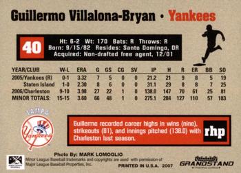 2007 Grandstand Tampa Yankees #NNO Bryan Villalona Back