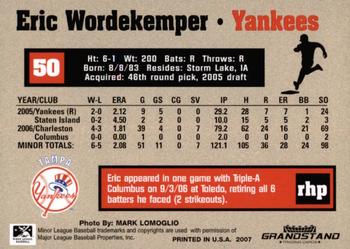 2007 Grandstand Tampa Yankees #NNO Eric Wordekemper Back