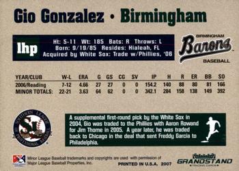 2007 Grandstand Southern League Top Prospects #10 Gio Gonzalez Back