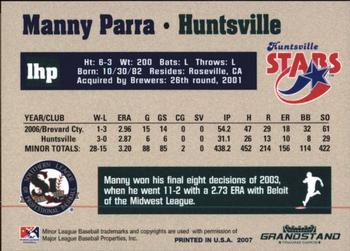2007 Grandstand Southern League Top Prospects #20 Manny Parra Back