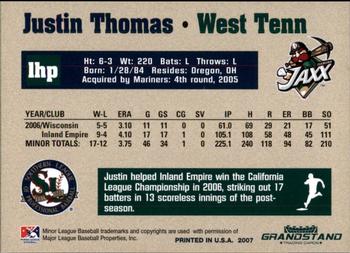 2007 Grandstand Southern League Top Prospects #26 Justin Thomas Back