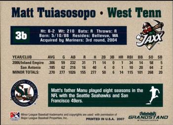 2007 Grandstand Southern League Top Prospects #27 Matt Tuiasosopo Back