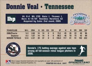 2007 Grandstand Southern League Top Prospects #30 Donnie Veal Back