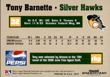 2007 Grandstand South Bend Silver Hawks #2 Tony Barnette Back