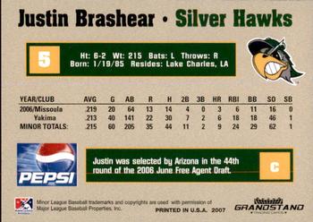 2007 Grandstand South Bend Silver Hawks #4 Justin Brashear Back
