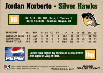 2007 Grandstand South Bend Silver Hawks #18 Jordan Norberto Back