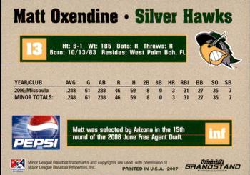 2007 Grandstand South Bend Silver Hawks #19 Matt Oxendine Back