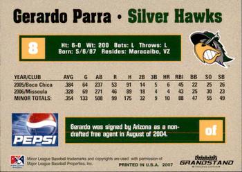 2007 Grandstand South Bend Silver Hawks #20 Gerardo Parra Back