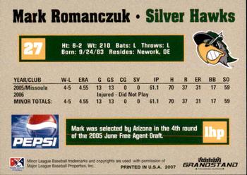 2007 Grandstand South Bend Silver Hawks #24 Mark Romanczuk Back