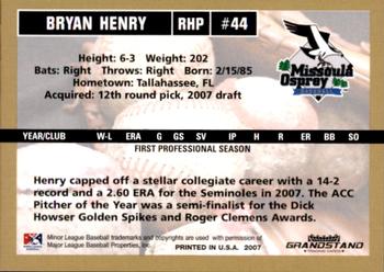 2007 Grandstand Missoula Osprey #15 Bryan Henry Back
