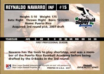 2007 Grandstand Missoula Osprey #20 Reynaldo Navarro Back