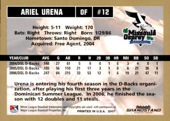 2007 Grandstand Missoula Osprey #32 Ariel Urena Back