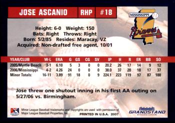 2007 Grandstand Mississippi Braves #NNO Jose Ascanio Back
