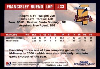 2007 Grandstand Mississippi Braves #NNO Francisley Bueno Back