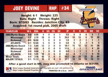 2007 Grandstand Mississippi Braves #NNO Joey Devine Back