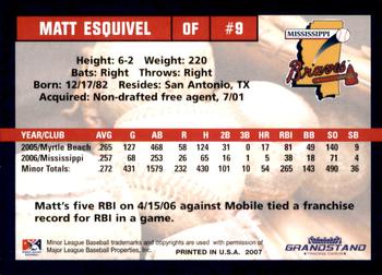 2007 Grandstand Mississippi Braves #NNO Matt Esquivel Back