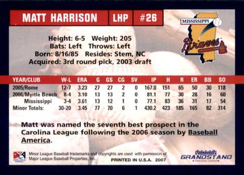 2007 Grandstand Mississippi Braves #NNO Matt Harrison Back