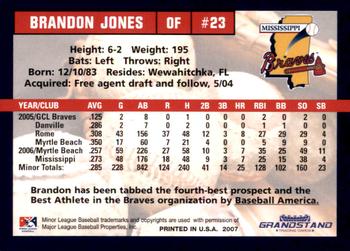 2007 Grandstand Mississippi Braves #NNO Brandon Jones Back