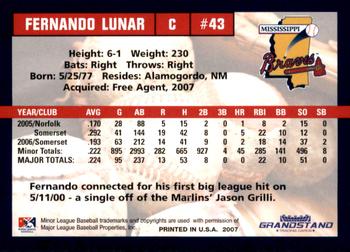 2007 Grandstand Mississippi Braves #NNO Fernando Lunar Back