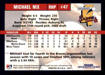 2007 Grandstand Mississippi Braves #NNO Michael Nix Back