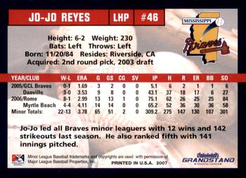 2007 Grandstand Mississippi Braves #NNO Jo Jo Reyes Back