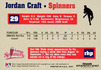 2007 Grandstand Lowell Spinners #NNO Jordan Craft Back