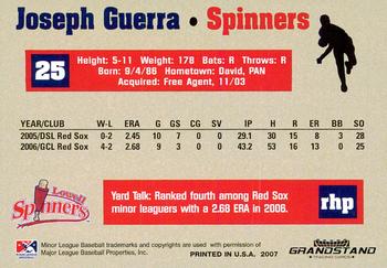 2007 Grandstand Lowell Spinners #NNO Joseph Guerra Back