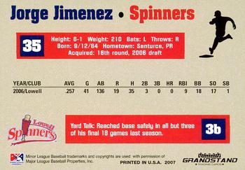 2007 Grandstand Lowell Spinners #NNO Jorge Jimenez Back